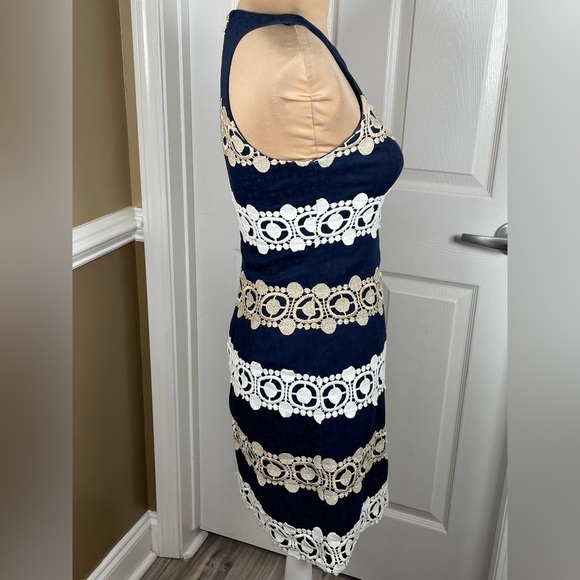 Lilly Pulitzer Navy White Gold Augusta Shift Blue with Lace Trim Cocktail Dress - Picture 12 of 14